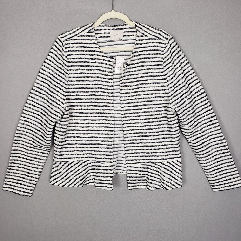 LOFT Peplum Hem Open Front Jacket Cream Blue Tweed Stripe Blazer L 513899
